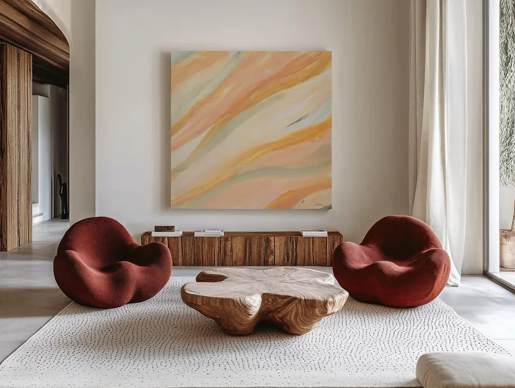 Pink Waves by Sue Schlabach. Shown as extra-large giant wall art in a modern living room. Available as an archival giclee rolled canvas, fine art paper, or poster print. SKU 67146a.