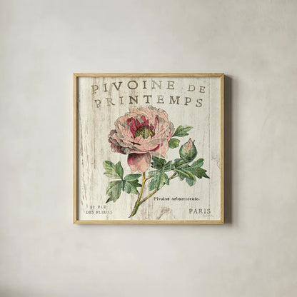 Pivione de Printemps Sq by Sue Schlabach. Shown in a natural wood glass frame for a timeless modern aesthetic. Available as an archival giclee rolled canvas, fine art paper, or poster print. SKU 13398a.