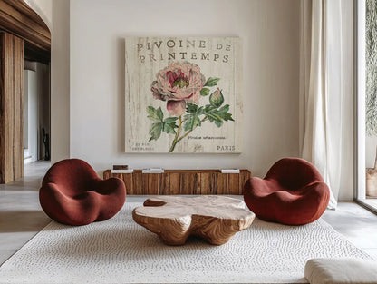 Pivione de Printemps Sq by Sue Schlabach. Shown as extra-large giant wall art in a modern living room. Available as an archival giclee rolled canvas, fine art paper, or poster print. SKU 13398a.