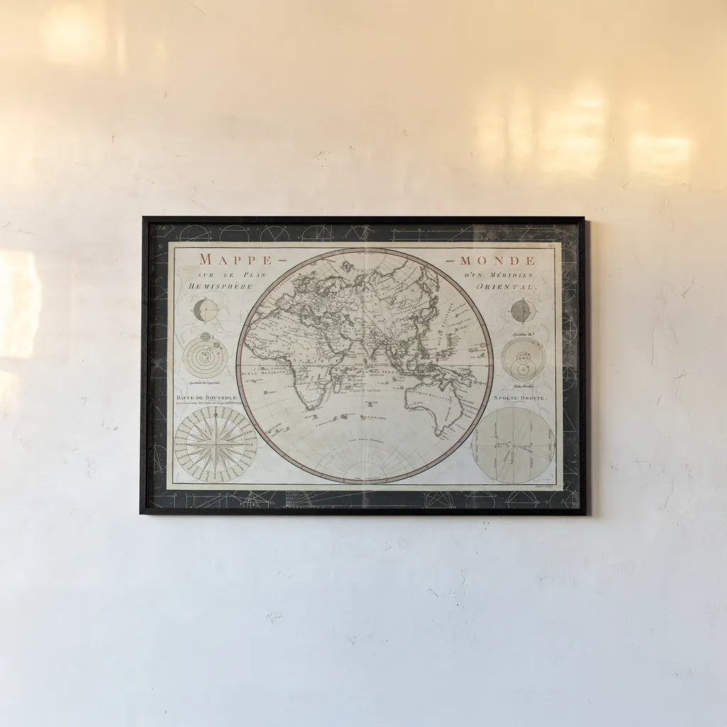 Plan de Meridien by Sue Schlabach. shown as a paper print in a black flame. Available as a archival giclee rolled canvas, fine art paper, or poster print. SKU 36392i.