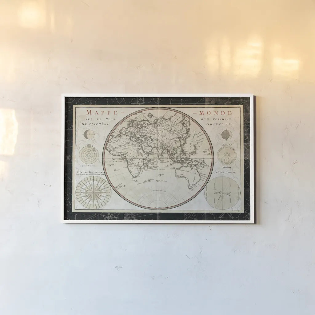 Plan de Meridien by Sue Schlabach. shown as a paper print in a white frame. Available as a archival giclee rolled canvas, fine art paper, or poster print. SKU 36392i.