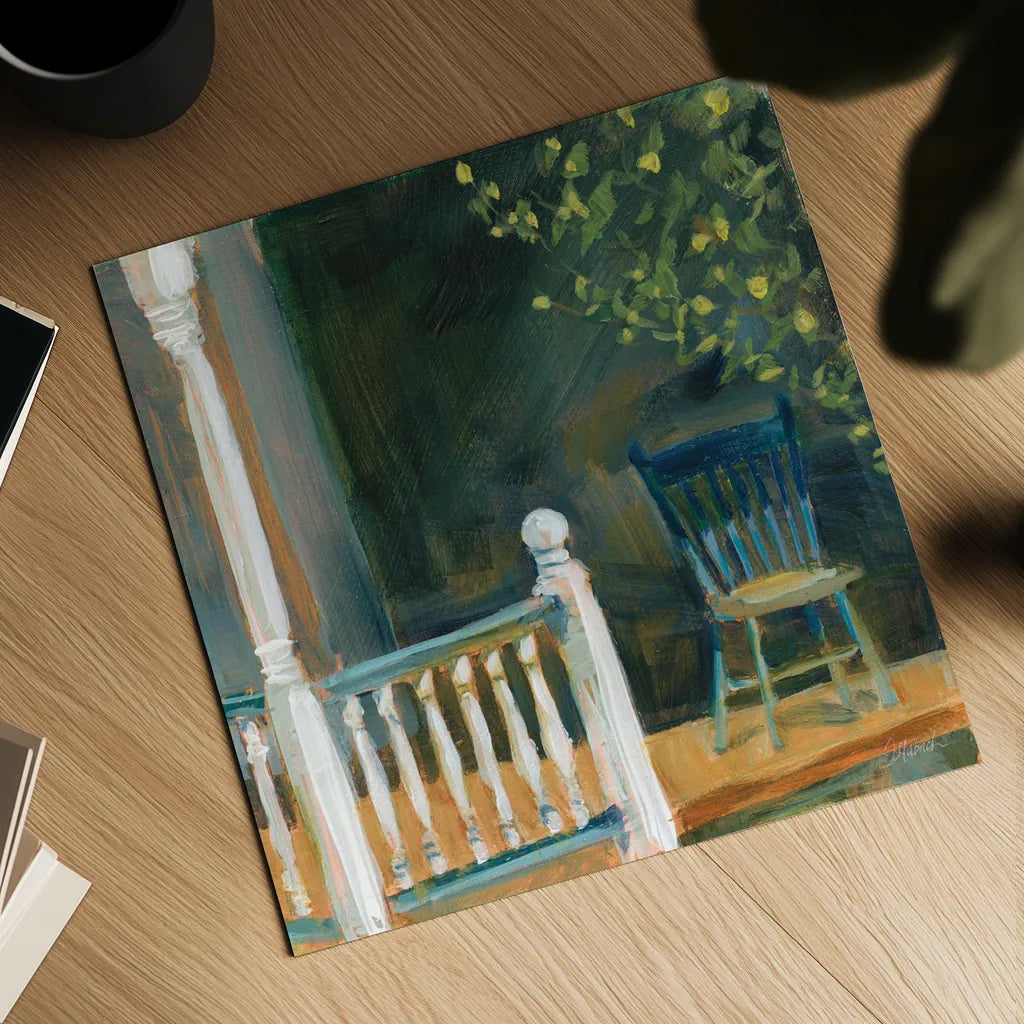 Porch Shadows by Sue Schlabach. Shown as a detailed flat fine art print, highlighting archival giclee quality. Available as an archival giclee rolled canvas, fine art paper, or poster print. SKU 82703a.