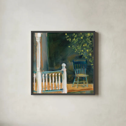 Porch Shadows by Sue Schlabach. Shown in a sleek black glass frame for a contemporary gallery look. Available as an archival giclee rolled canvas, fine art paper, or poster print. SKU 82703a.
