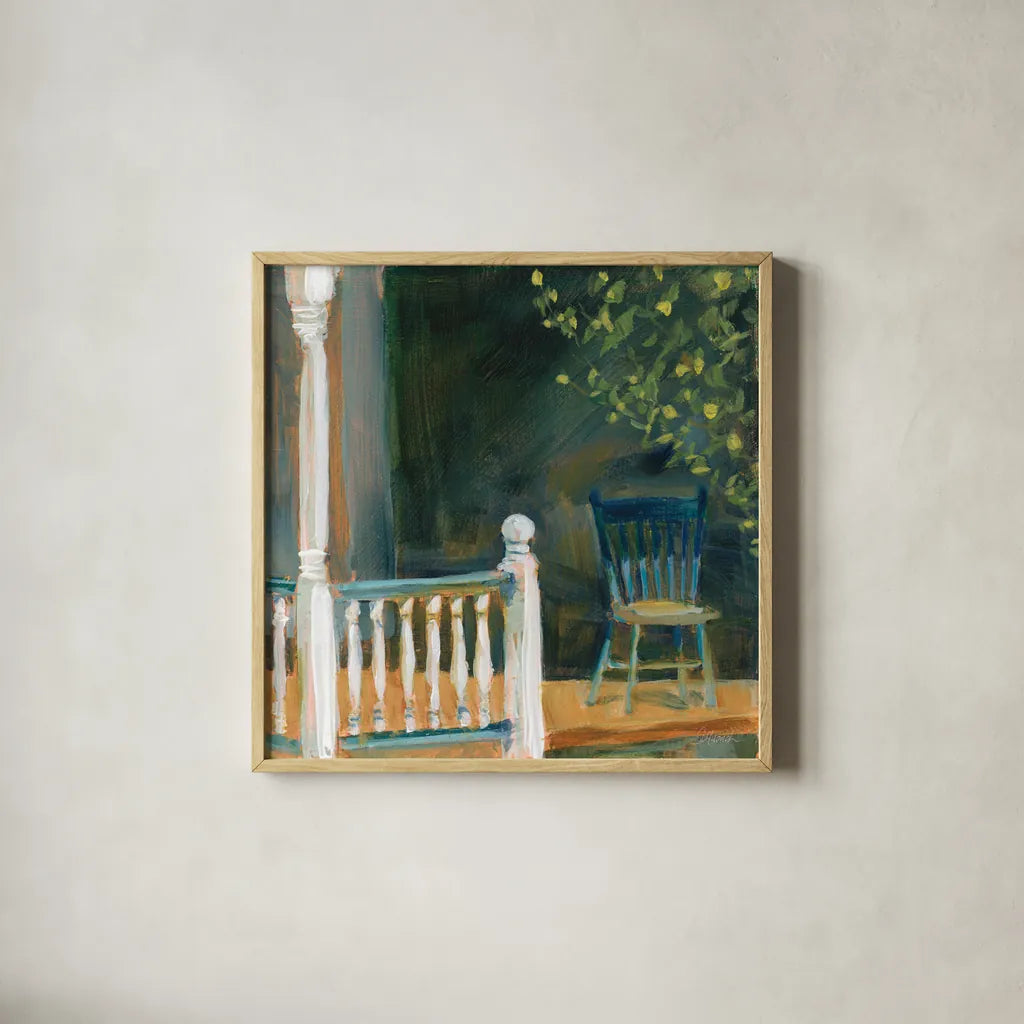 Porch Shadows by Sue Schlabach. Shown in a natural wood glass frame for a timeless modern aesthetic. Available as an archival giclee rolled canvas, fine art paper, or poster print. SKU 82703a.