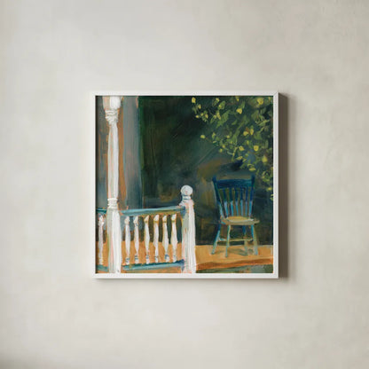 Porch Shadows by Sue Schlabach. Shown in a crisp white glass frame for a clean and minimalist style. Available as an archival giclee rolled canvas, fine art paper, or poster print. SKU 82703a.