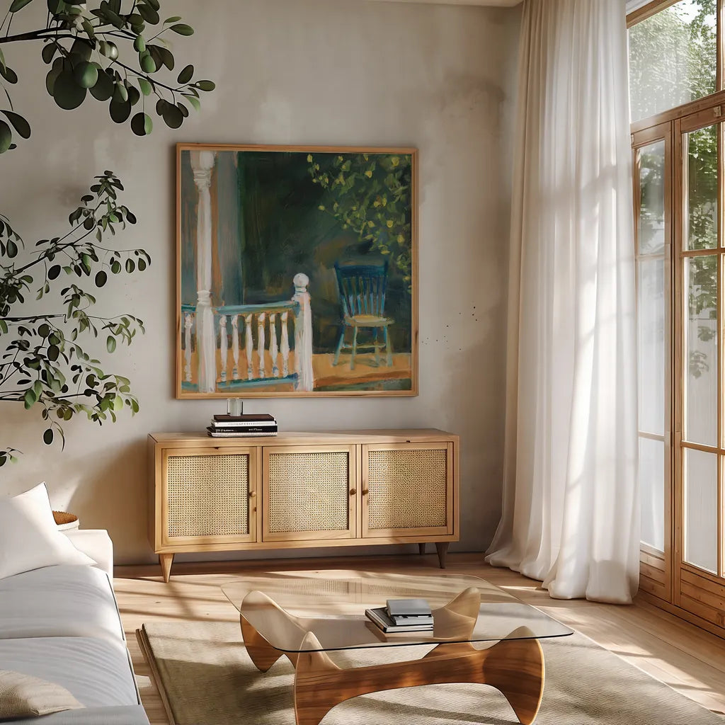 Porch Shadows by Sue Schlabach. Shown in a natural wood frame in a cozy modern living room. Available as an archival giclee rolled canvas, fine art paper, or poster print. SKU 82703a.