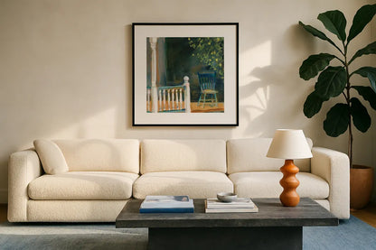 Porch Shadows by Sue Schlabach. Displayed in a glass frame with matte in a clean modern living room. Available as an archival giclee rolled canvas, fine art paper, or poster print. SKU 82703a.