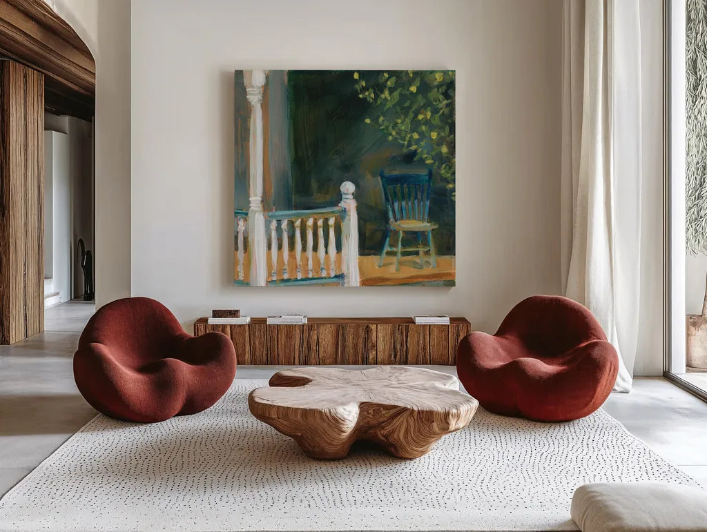 Porch Shadows by Sue Schlabach. Shown as extra-large giant wall art in a modern living room. Available as an archival giclee rolled canvas, fine art paper, or poster print. SKU 82703a.