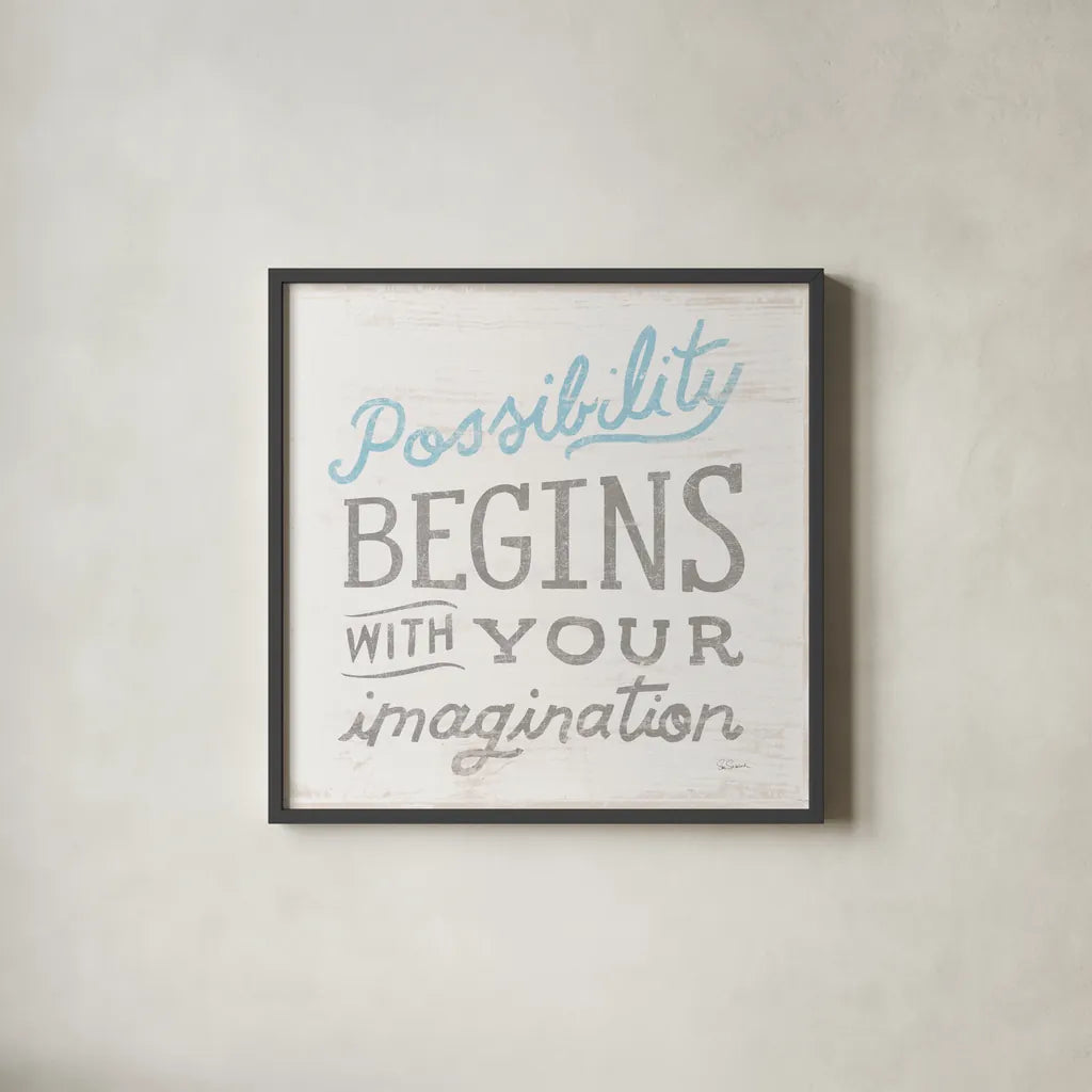 Possibility Gray by Sue Schlabach. Shown in a sleek black glass frame for a contemporary gallery look. Available as an archival giclee rolled canvas, fine art paper, or poster print. SKU 56409a.