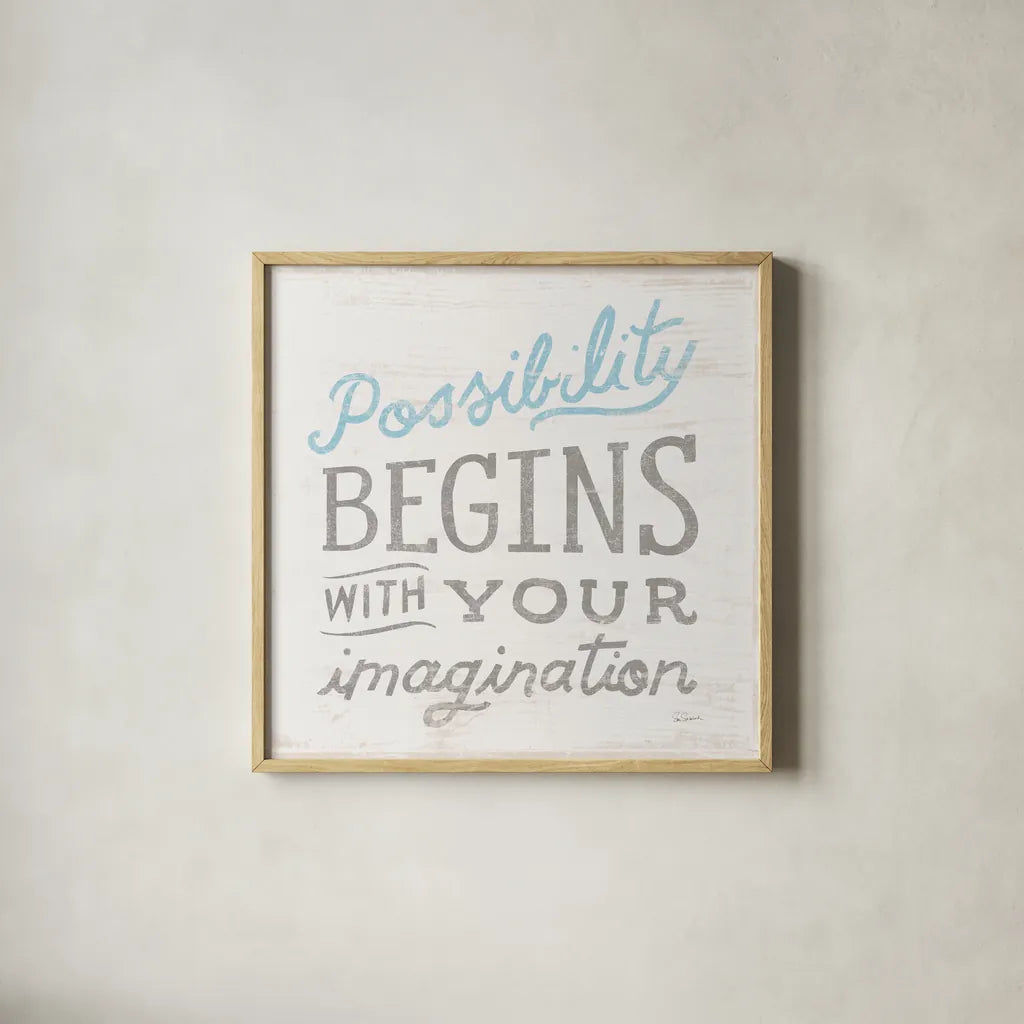 Possibility Gray by Sue Schlabach. Shown in a natural wood glass frame for a timeless modern aesthetic. Available as an archival giclee rolled canvas, fine art paper, or poster print. SKU 56409a.