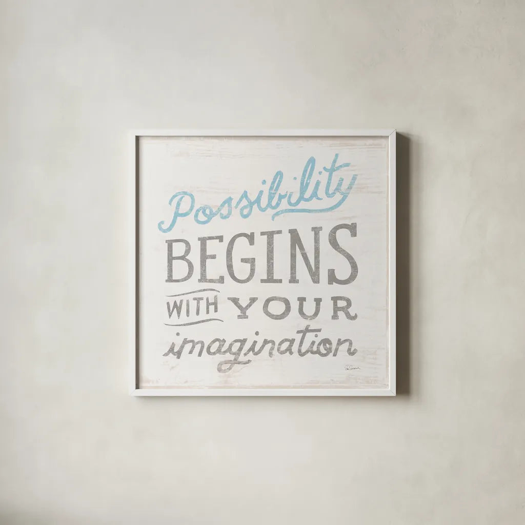 Possibility Gray by Sue Schlabach. Shown in a crisp white glass frame for a clean and minimalist style. Available as an archival giclee rolled canvas, fine art paper, or poster print. SKU 56409a.