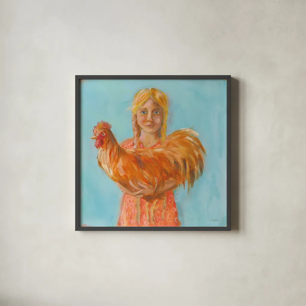 Prize Rooster by Sue Schlabach. Shown in a sleek black glass frame for a contemporary gallery look. Available as an archival giclee rolled canvas, fine art paper, or poster print. SKU 82698a.