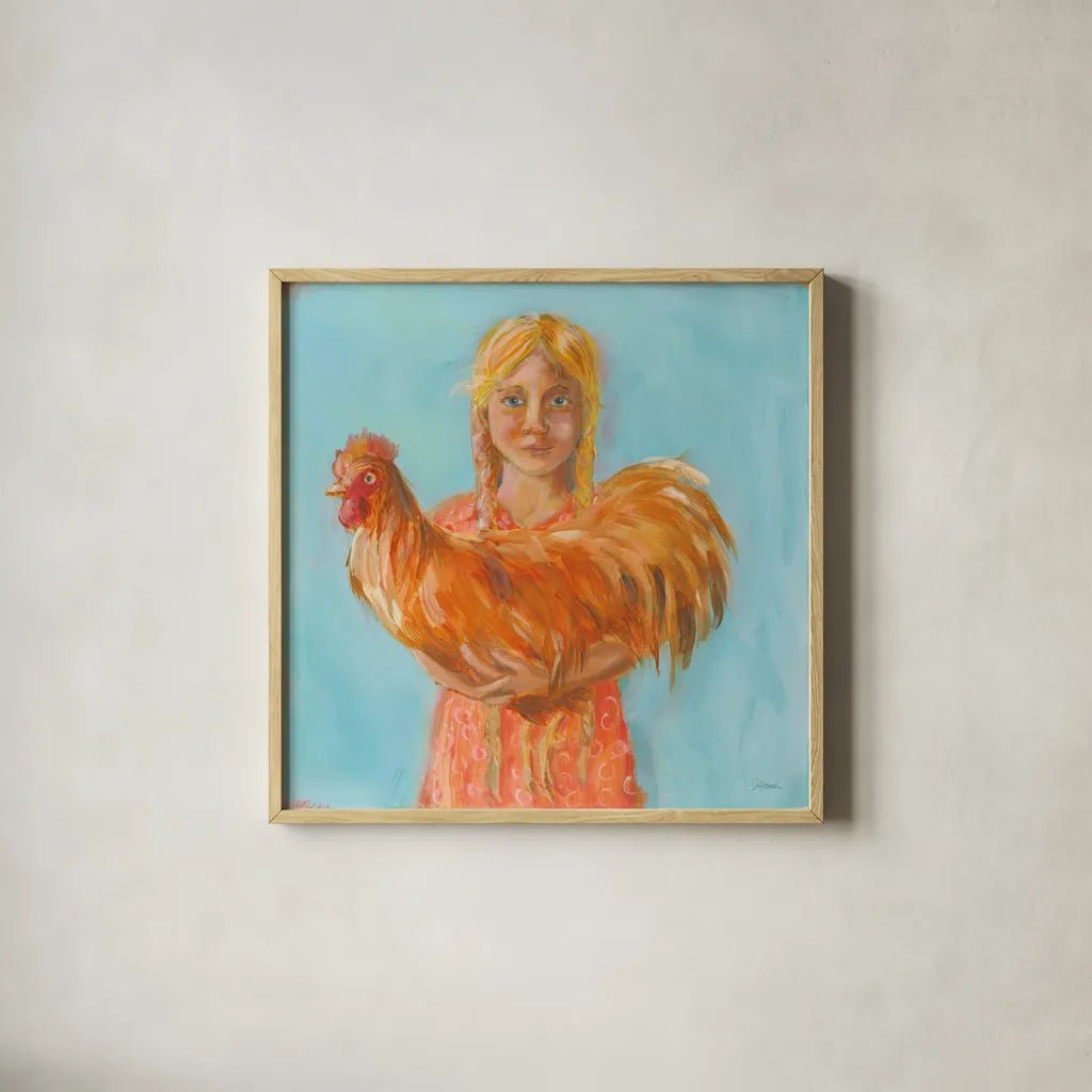 Prize Rooster by Sue Schlabach. Shown in a natural wood glass frame for a timeless modern aesthetic. Available as an archival giclee rolled canvas, fine art paper, or poster print. SKU 82698a.