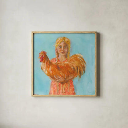 Prize Rooster by Sue Schlabach. Shown in a natural wood glass frame for a timeless modern aesthetic. Available as an archival giclee rolled canvas, fine art paper, or poster print. SKU 82698a.