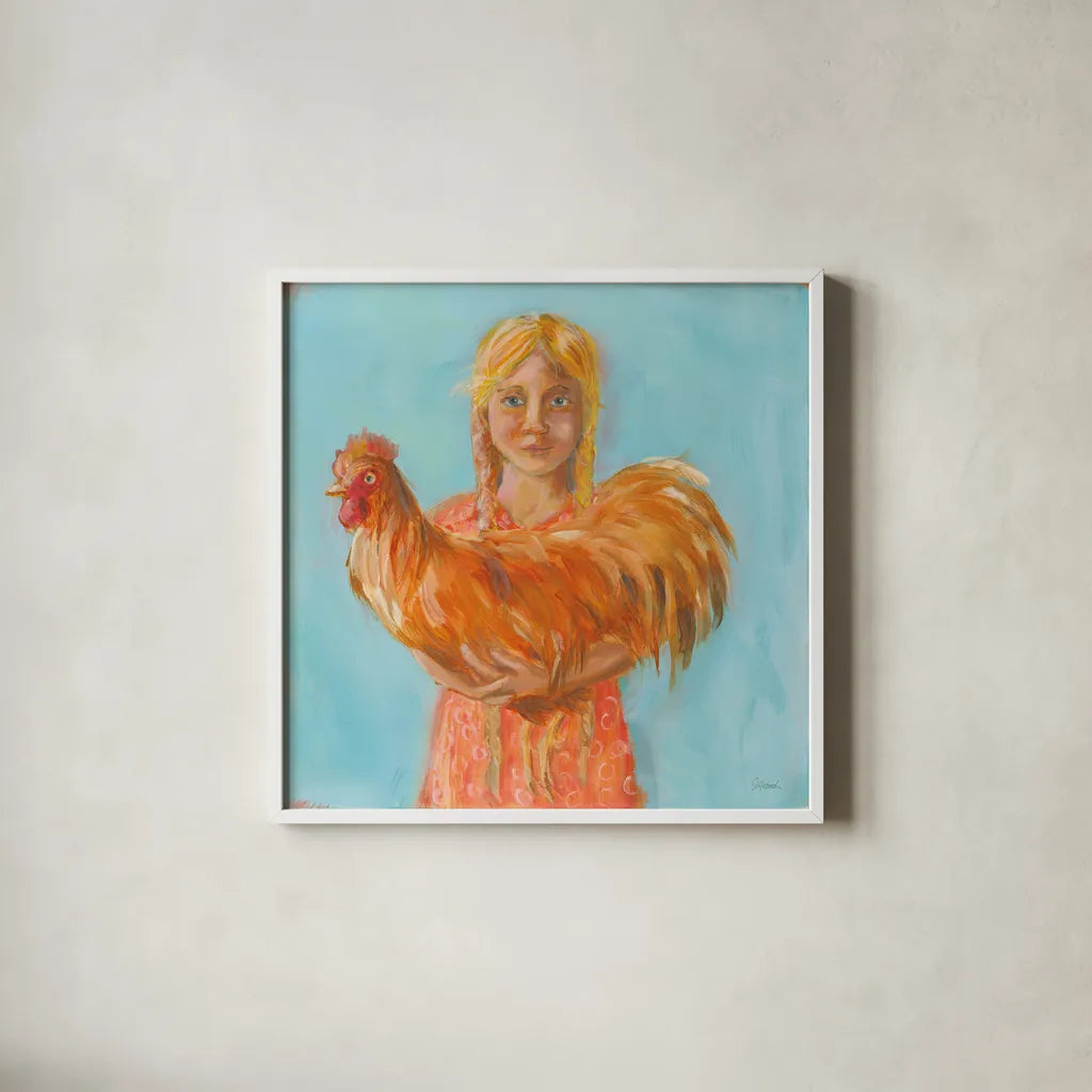 Prize Rooster by Sue Schlabach. Shown in a crisp white glass frame for a clean and minimalist style. Available as an archival giclee rolled canvas, fine art paper, or poster print. SKU 82698a.