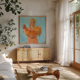 Prize Rooster by Sue Schlabach. Shown in a natural wood frame in a cozy modern living room. Available as an archival giclee rolled canvas, fine art paper, or poster print. SKU 82698a.