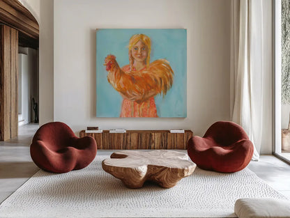 Prize Rooster by Sue Schlabach. Shown as extra-large giant wall art in a modern living room. Available as an archival giclee rolled canvas, fine art paper, or poster print. SKU 82698a.