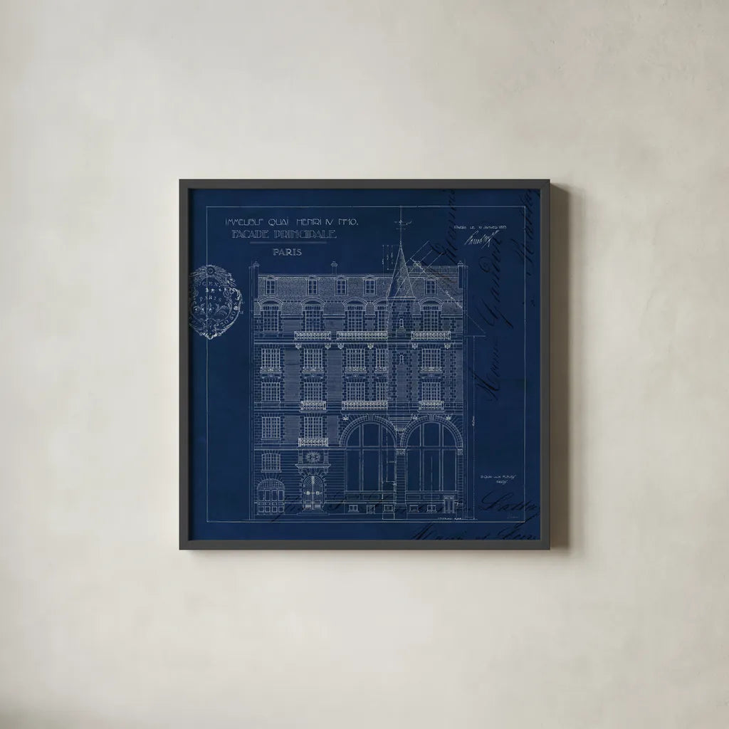 Quai Henri Blueprint I Sq by Sue Schlabach. Shown in a sleek black glass frame for a contemporary gallery look. Available as an archival giclee rolled canvas, fine art paper, or poster print. SKU 62146a.