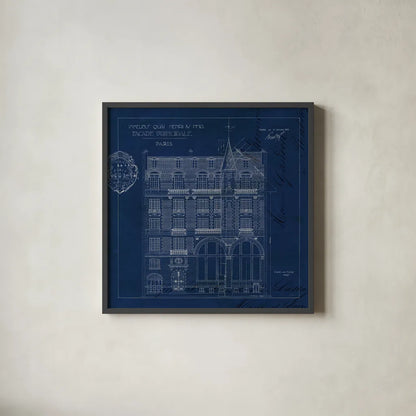 Quai Henri Blueprint I Sq by Sue Schlabach. Shown in a sleek black glass frame for a contemporary gallery look. Available as an archival giclee rolled canvas, fine art paper, or poster print. SKU 62146a.