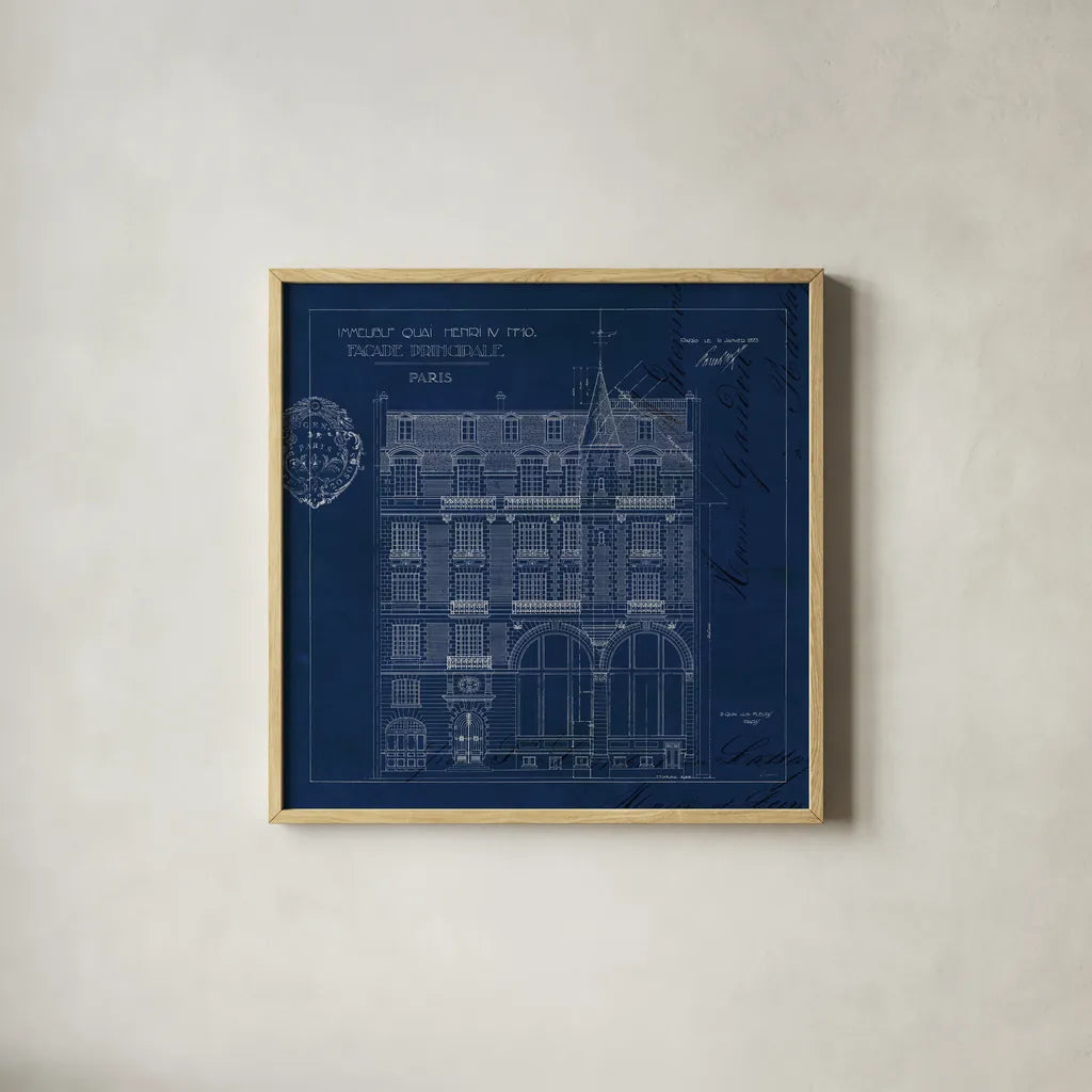 Quai Henri Blueprint I Sq by Sue Schlabach. Shown in a natural wood glass frame for a timeless modern aesthetic. Available as an archival giclee rolled canvas, fine art paper, or poster print. SKU 62146a.