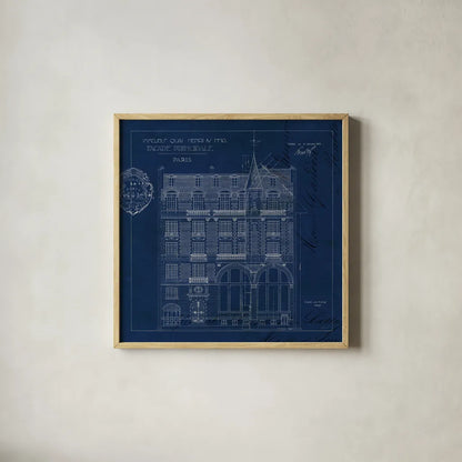 Quai Henri Blueprint I Sq by Sue Schlabach. Shown in a natural wood glass frame for a timeless modern aesthetic. Available as an archival giclee rolled canvas, fine art paper, or poster print. SKU 62146a.