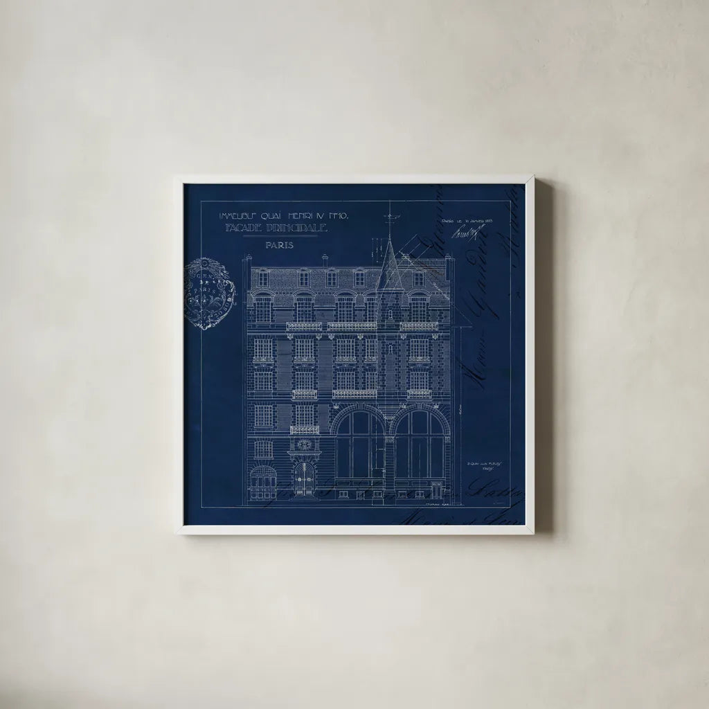 Quai Henri Blueprint I Sq by Sue Schlabach. Shown in a crisp white glass frame for a clean and minimalist style. Available as an archival giclee rolled canvas, fine art paper, or poster print. SKU 62146a.