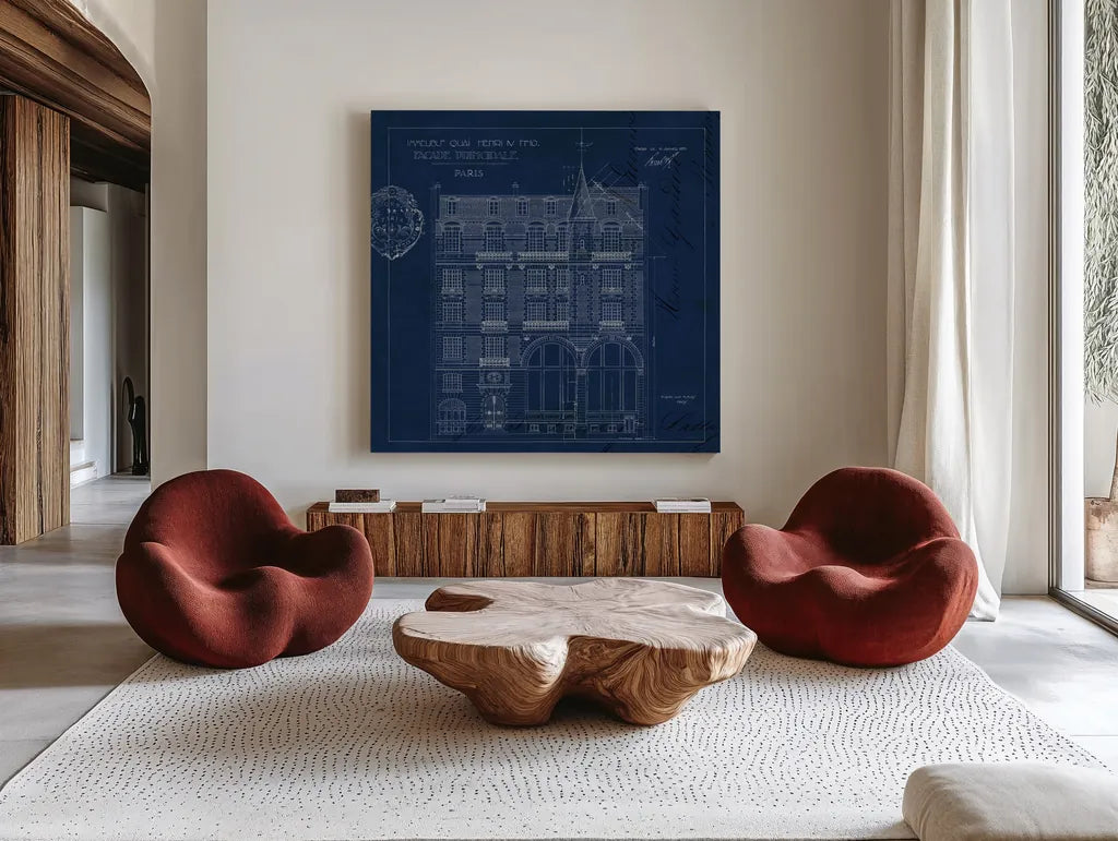 Quai Henri Blueprint I Sq by Sue Schlabach. Shown as extra-large giant wall art in a modern living room. Available as an archival giclee rolled canvas, fine art paper, or poster print. SKU 62146a.