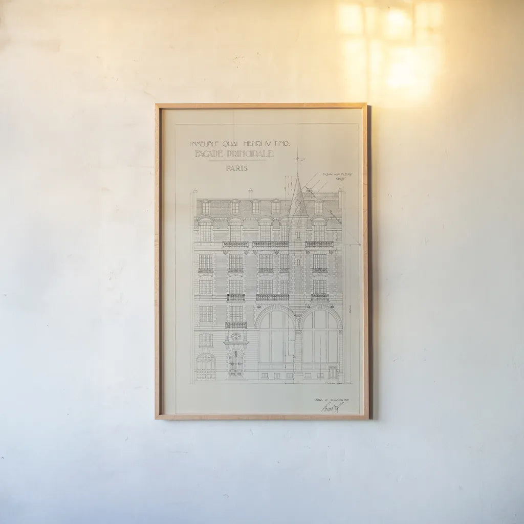 Quai Henri I by Sue Schlabach. shown as a paper print in a natural frame. Available as a archival giclee rolled canvas, fine art paper, or poster print. SKU 9898h.