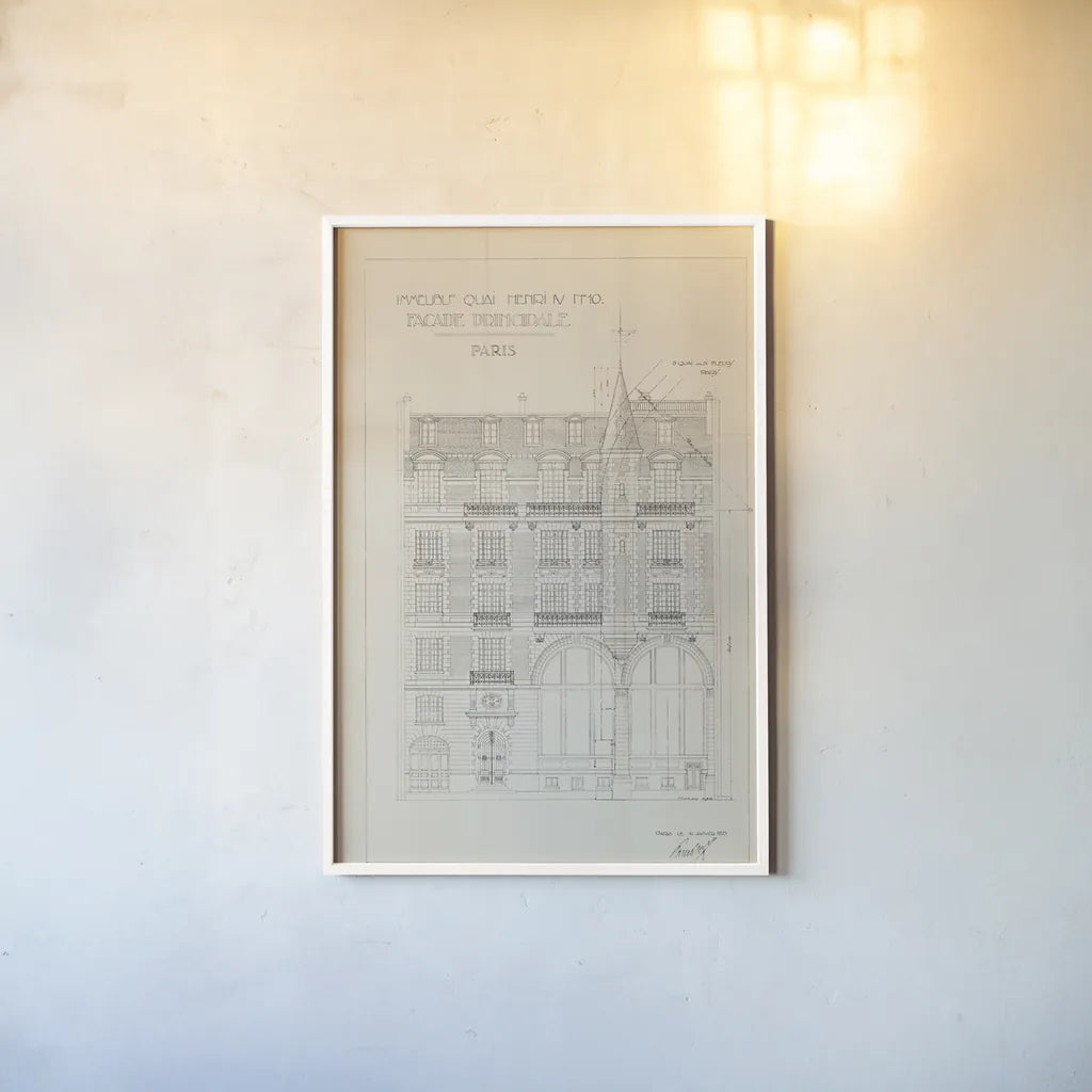 Quai Henri I by Sue Schlabach. shown as a paper print in a white frame. Available as a archival giclee rolled canvas, fine art paper, or poster print. SKU 9898h.