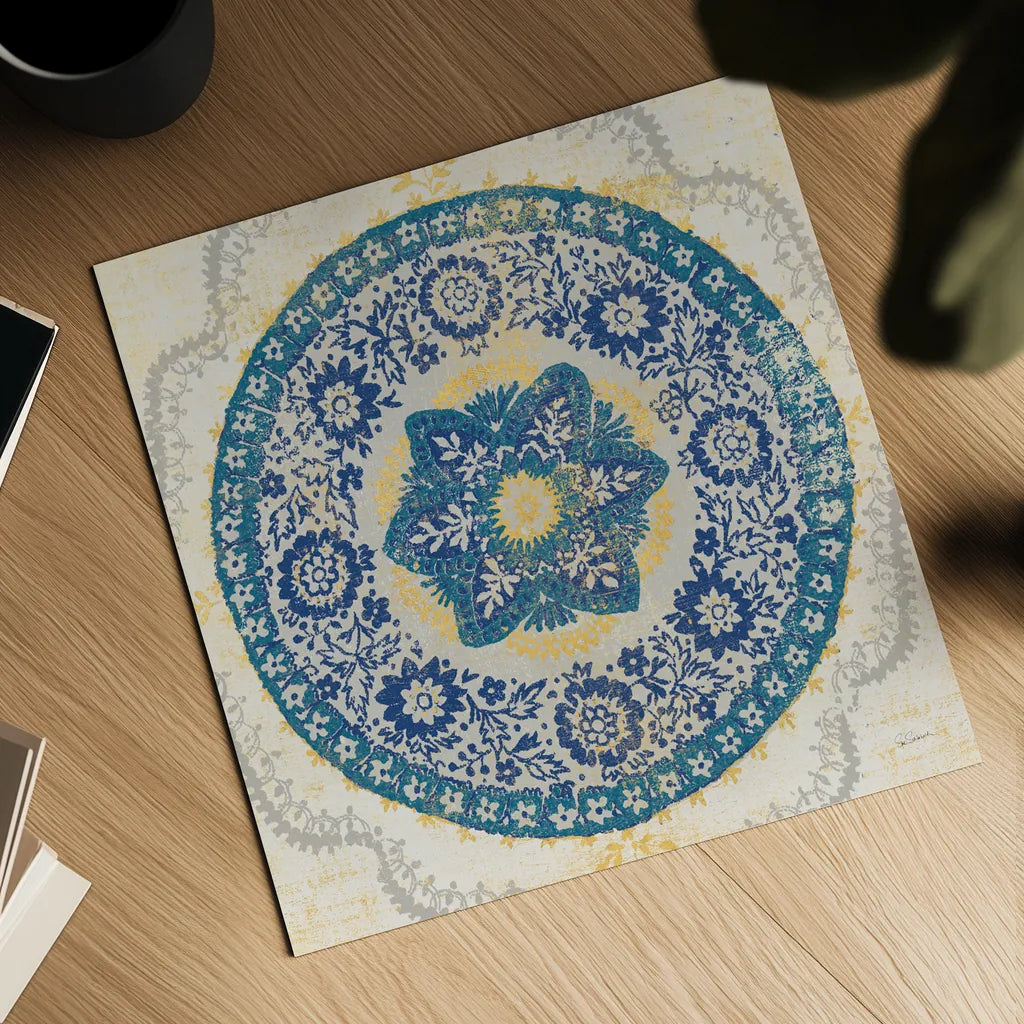 Raja Medallion by Sue Schlabach. Shown as a detailed flat fine art print, highlighting archival giclee quality. Available as an archival giclee rolled canvas, fine art paper, or poster print. SKU 57074a.