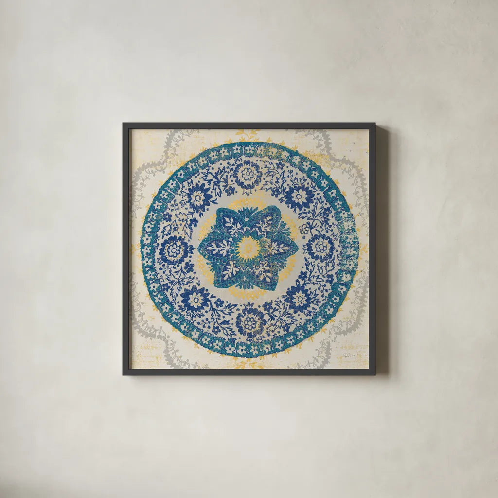 Raja Medallion by Sue Schlabach. Shown in a sleek black glass frame for a contemporary gallery look. Available as an archival giclee rolled canvas, fine art paper, or poster print. SKU 57074a.