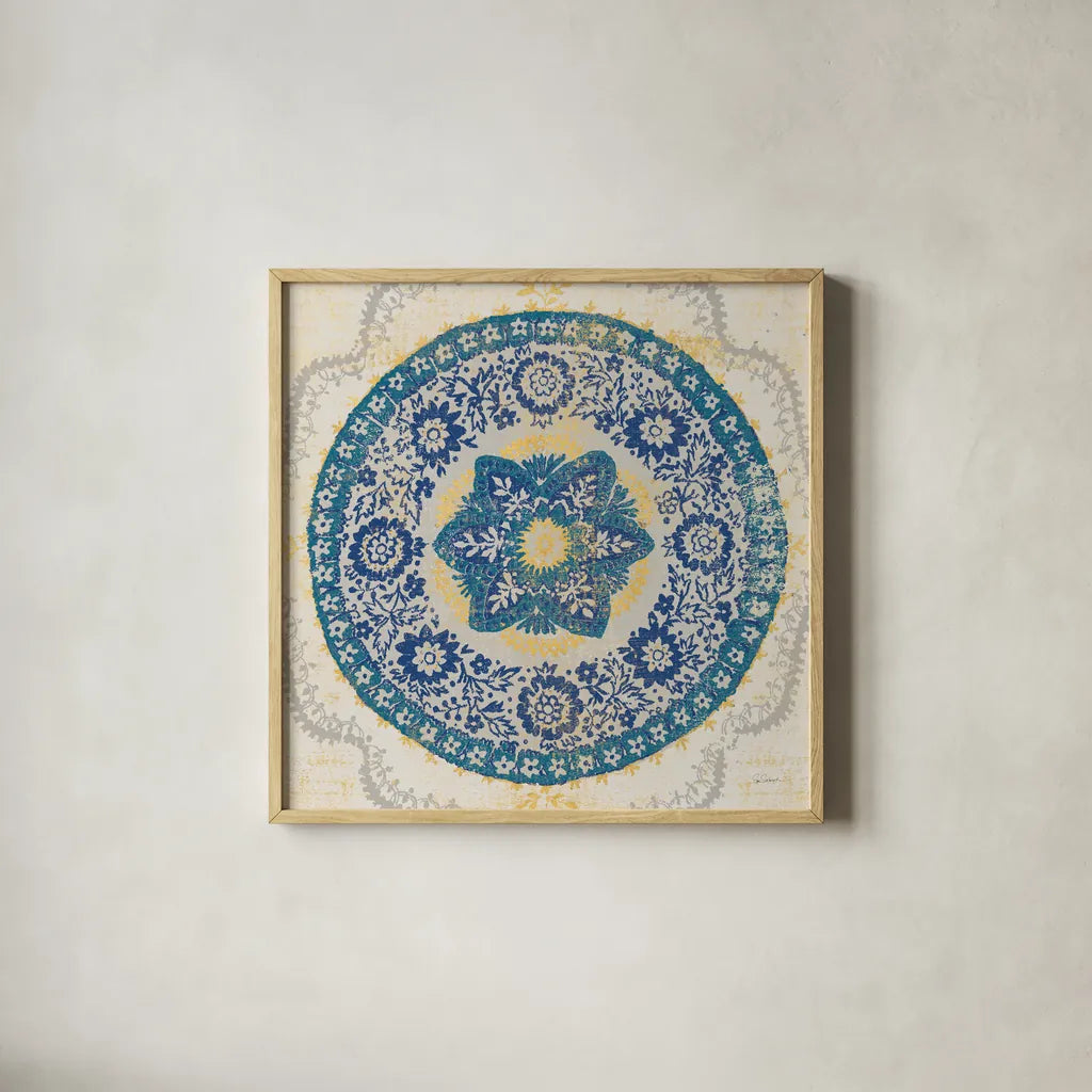 Raja Medallion by Sue Schlabach. Shown in a natural wood glass frame for a timeless modern aesthetic. Available as an archival giclee rolled canvas, fine art paper, or poster print. SKU 57074a.
