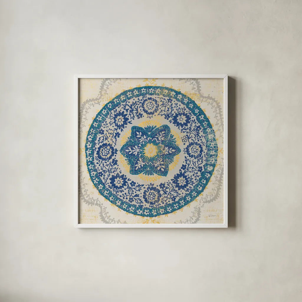 Raja Medallion by Sue Schlabach. Shown in a crisp white glass frame for a clean and minimalist style. Available as an archival giclee rolled canvas, fine art paper, or poster print. SKU 57074a.
