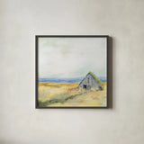 Ranch Barn by Sue Schlabach. Shown in a sleek black glass frame for a contemporary gallery look. Available as an archival giclee rolled canvas, fine art paper, or poster print. SKU 77397a.
