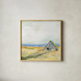 Ranch Barn by Sue Schlabach. Shown in a natural wood glass frame for a timeless modern aesthetic. Available as an archival giclee rolled canvas, fine art paper, or poster print. SKU 77397a.