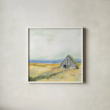 Ranch Barn by Sue Schlabach. Shown in a crisp white glass frame for a clean and minimalist style. Available as an archival giclee rolled canvas, fine art paper, or poster print. SKU 77397a.