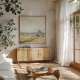 Ranch Barn by Sue Schlabach. Shown in a natural wood frame in a cozy modern living room. Available as an archival giclee rolled canvas, fine art paper, or poster print. SKU 77397a.