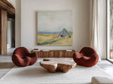 Ranch Barn by Sue Schlabach. Shown as extra-large giant wall art in a modern living room. Available as an archival giclee rolled canvas, fine art paper, or poster print. SKU 77397a.