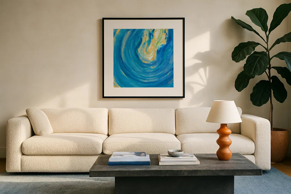 Rarity I Square by Sue Schlabach. Displayed in a glass frame with matte in a clean modern living room. Available as an archival giclee rolled canvas, fine art paper, or poster print. SKU 28246a.