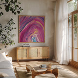 Rarity II Square by Sue Schlabach. Shown in a natural wood frame in a cozy modern living room. Available as an archival giclee rolled canvas, fine art paper, or poster print. SKU 28248a.