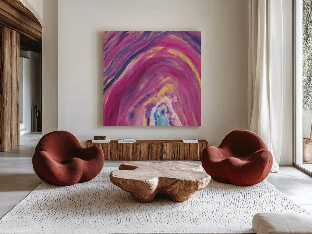 Rarity II Square by Sue Schlabach. Shown as extra-large giant wall art in a modern living room. Available as an archival giclee rolled canvas, fine art paper, or poster print. SKU 28248a.