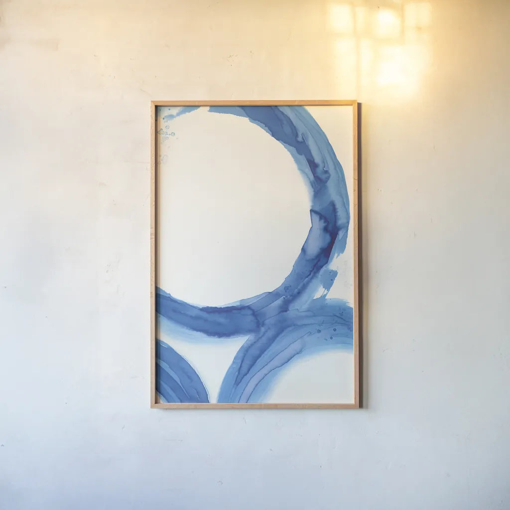 Rings of Water I by Sue Schlabach. shown as a paper print in a natural frame. Available as a archival giclee rolled canvas, fine art paper, or poster print. SKU 68110h.