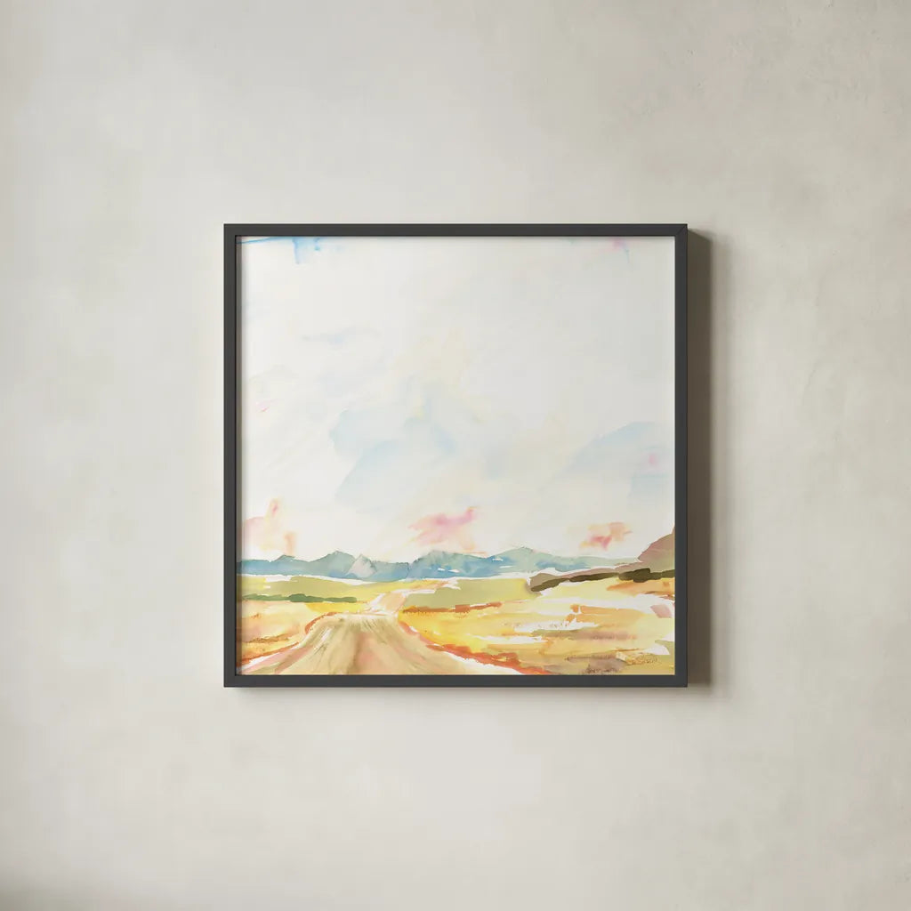 Road to Bountiful Square by Sue Schlabach. Shown in a sleek black glass frame for a contemporary gallery look. Available as an archival giclee rolled canvas, fine art paper, or poster print. SKU 63747a.