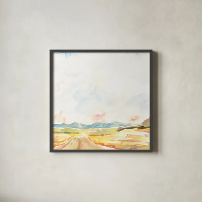 Road to Bountiful Square by Sue Schlabach. Shown in a sleek black glass frame for a contemporary gallery look. Available as an archival giclee rolled canvas, fine art paper, or poster print. SKU 63747a.
