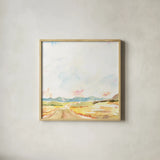 Road to Bountiful Square by Sue Schlabach. Shown in a natural wood glass frame for a timeless modern aesthetic. Available as an archival giclee rolled canvas, fine art paper, or poster print. SKU 63747a.