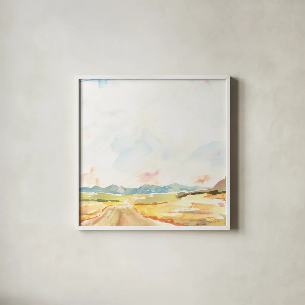 Road to Bountiful Square by Sue Schlabach. Shown in a crisp white glass frame for a clean and minimalist style. Available as an archival giclee rolled canvas, fine art paper, or poster print. SKU 63747a.