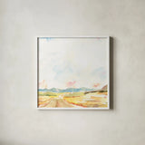 Road to Bountiful Square by Sue Schlabach. Shown in a crisp white glass frame for a clean and minimalist style. Available as an archival giclee rolled canvas, fine art paper, or poster print. SKU 63747a.