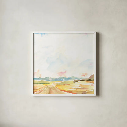 Road to Bountiful Square by Sue Schlabach. Shown in a crisp white glass frame for a clean and minimalist style. Available as an archival giclee rolled canvas, fine art paper, or poster print. SKU 63747a.