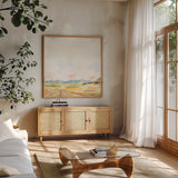 Road to Bountiful Square by Sue Schlabach. Shown in a natural wood frame in a cozy modern living room. Available as an archival giclee rolled canvas, fine art paper, or poster print. SKU 63747a.
