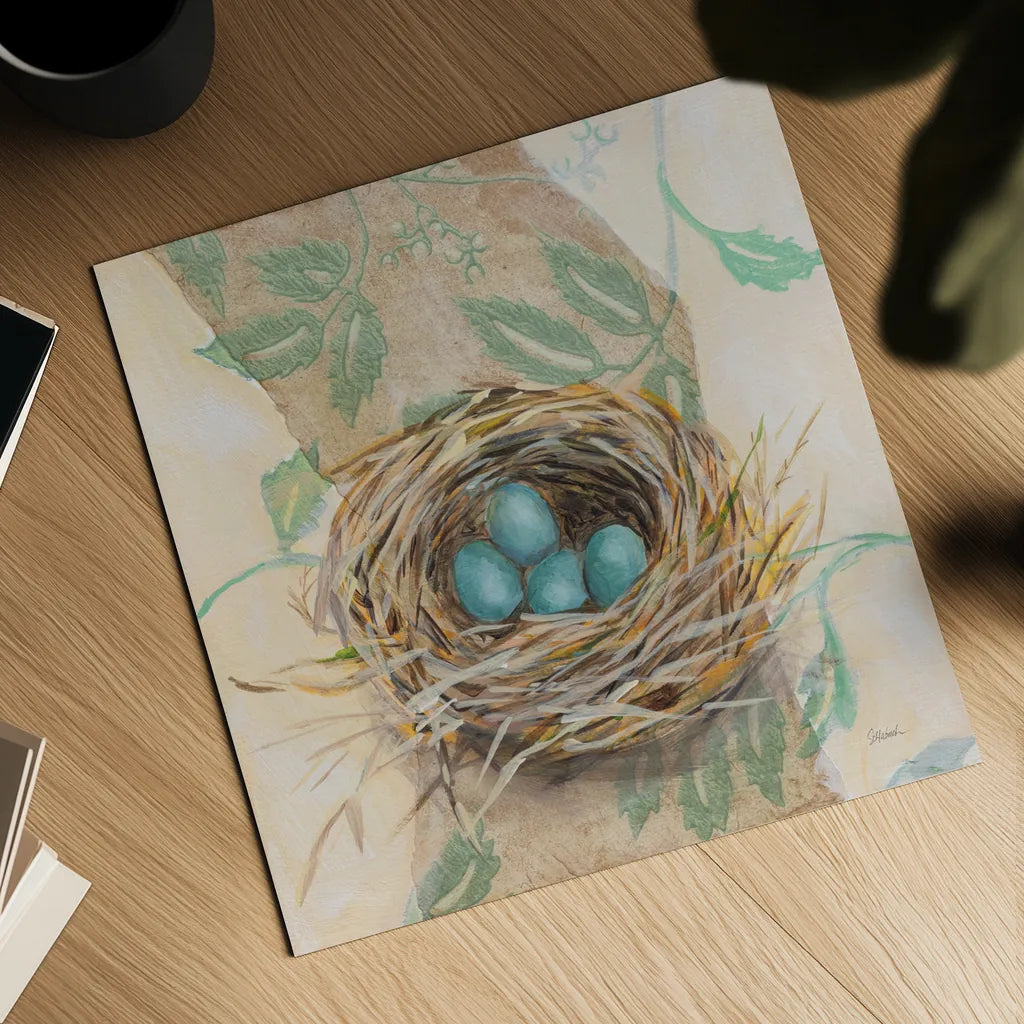 Robins Nest by Sue Schlabach. Shown as a detailed flat fine art print, highlighting archival giclee quality. Available as an archival giclee rolled canvas, fine art paper, or poster print. SKU 88560a.